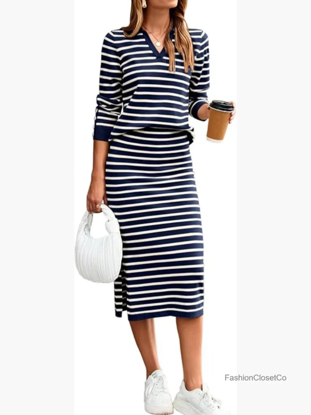 2 Piece Skirt Sets Striped Sweater Dress Polo Neck Knit Long Sleeve Midi Dress